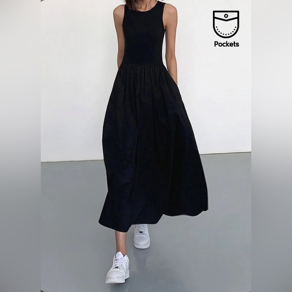 Commense Women's Leisure Crew Neck Maxi Dress Casual Sleeveless Black Sz XL
